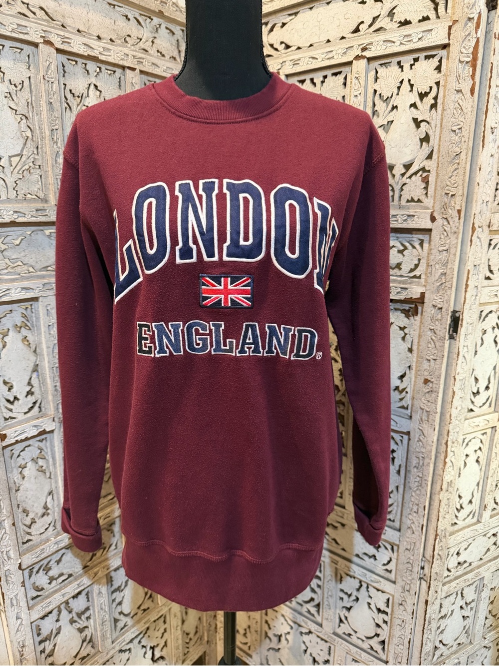 Maroon Crewneck Sweater with London England Graphic